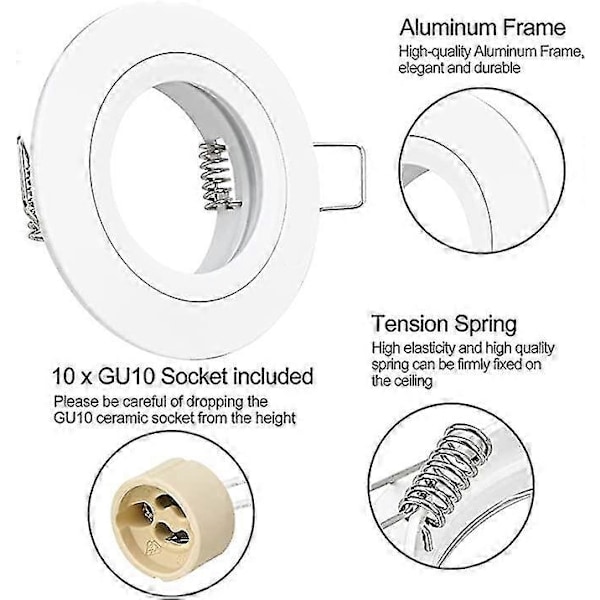 10x GU10 Infälld Spotlight Aluminium Vit, Spotlights Monteringsram Med GU10 Sockel, Rund Support Extra Platt Infälld Spotlight Tak För LED Eller