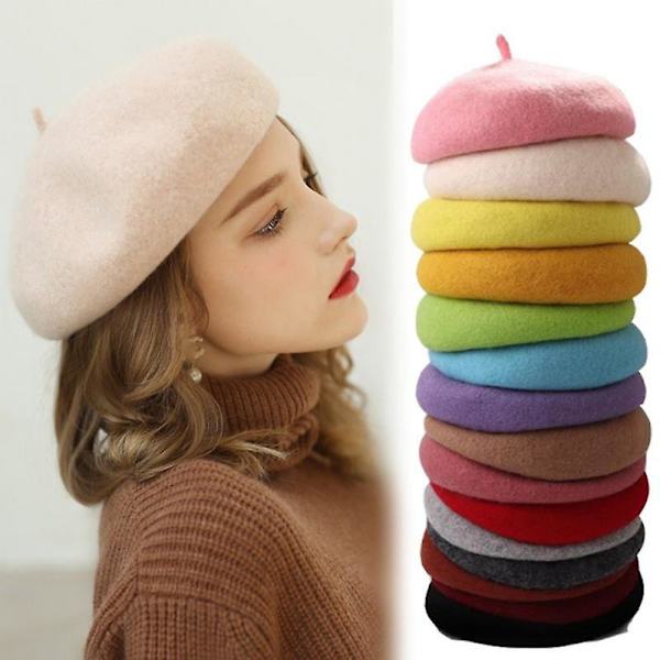 Höst- och vinterhatt ull förtjockad basker fransk konstnär basker kvinnlig målarmössa beanie yellow