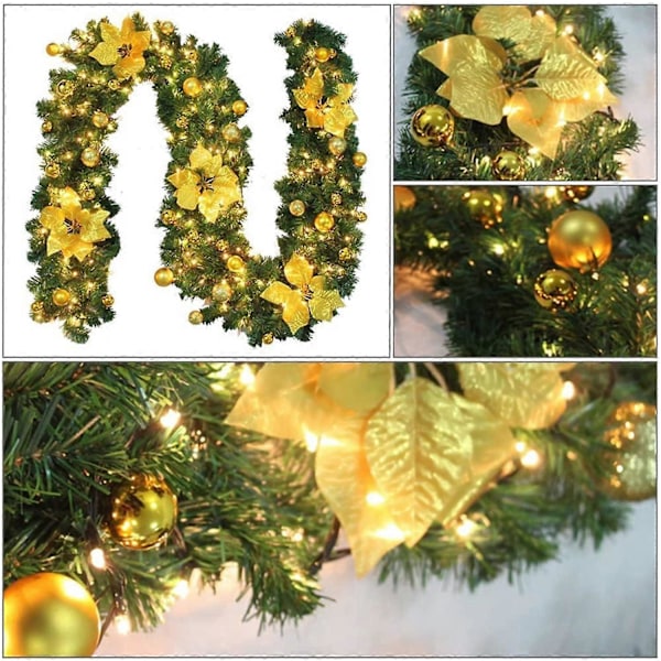 Julkrans med LED-lampor, 2,7 m (9 fot) Konstgjord Vin Julkrans Dörrkrans Hängande Girlang, (Guld)