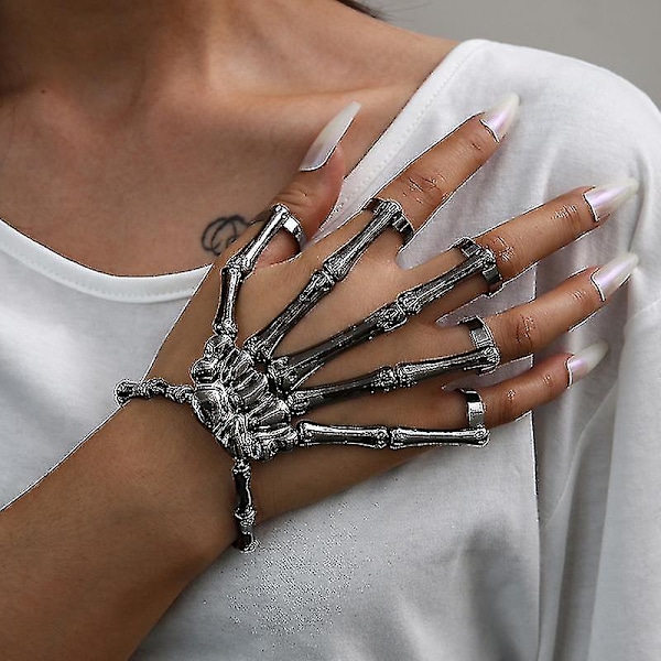 Halloween Armband för Kvinnor Gotisk Punk Hand Skalle Skelett Elasticitet Armband 2 St Guld + Svart bd