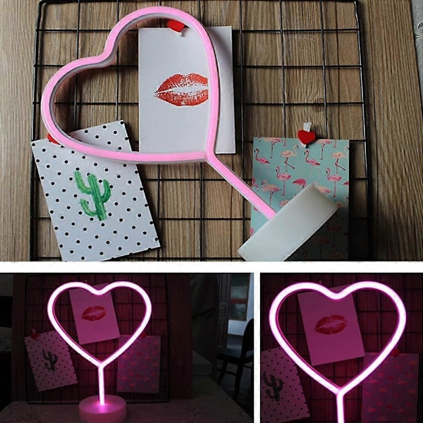 Hjärta Rosa LED Neonljusskyltar Nattlampa Konst Dekorativt Ställ Bas Bordslampa för Hem Barn Bröllop Jul Födelsedagsfest, USB eller Batteridriven