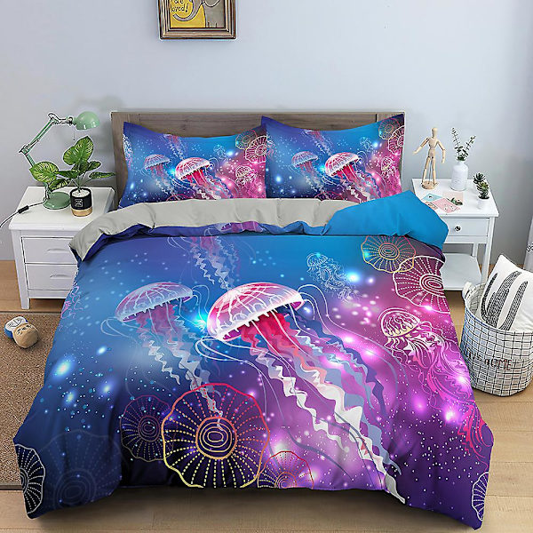 Ocean Jellyfish Sengetøy Sett Skinnende Havdyr Dynetrekk King/Queen Size Magisk Marint Liv Blå 2/3 stk Polyester Dynetrekk