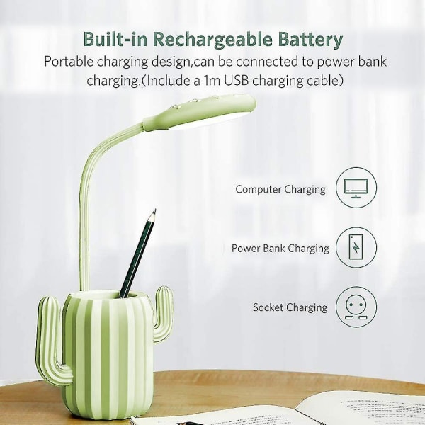 Piao Skrivebordslampe, Børne LED USB Genopladelig 3 Niveauer Dæmpning Sengelampe Læsebordslampe Med Penneholder Til Kontor Hjem Børn Green