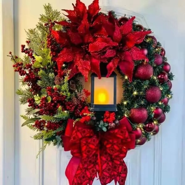 Dörrkrans med ljuskransar för dörrar Juldekorationer Rött Jesusmönster Blomstergirlang Juldekorationer 2023 Red Lamp 35CM