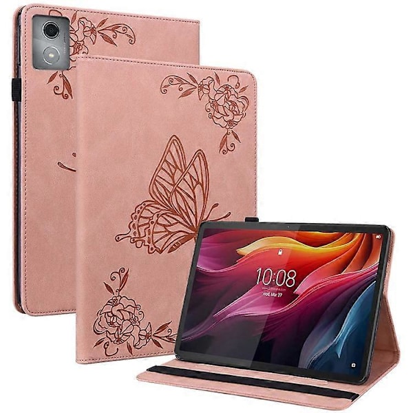 Kompatibelt Fodral för Lenovo Tab K11 Plus Fjäril Blomma Tryck PU Läder Tablet Skydd med Kortfack Pink