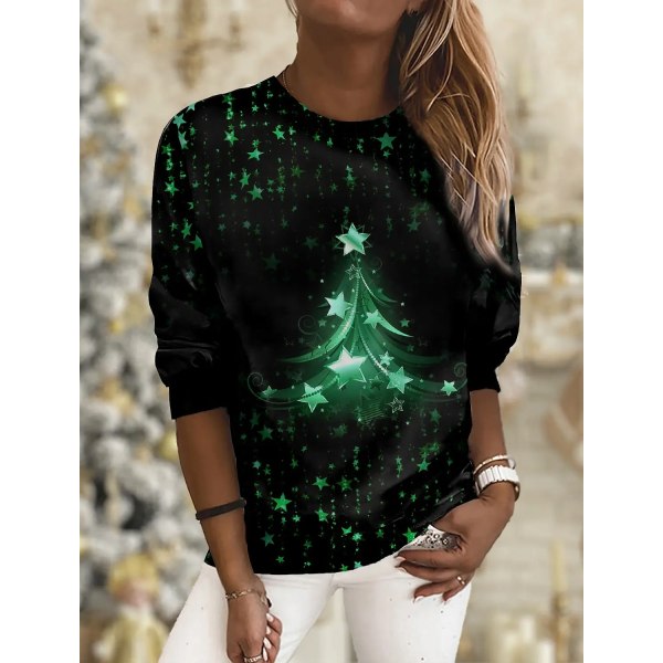 Ny dame T-skjorte Juletre Print T-skjorter Topper Langermet Casual Topper Mote Rund Hals Normal Passform Y2K Klær For Jenter CTZH231026SDB33 XL