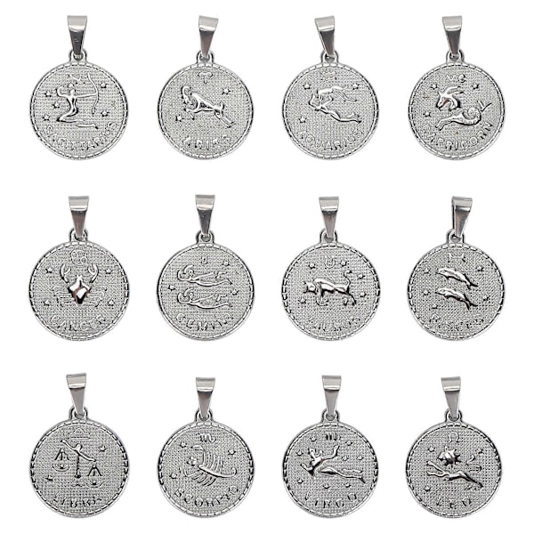 12 st Zodiak Hänge Tillbehör Rostfritt Stål Set Handgjorda Halsband Smycken för DIY Hantverk