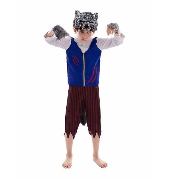 Børne Varulv Halloween Kostume Ulvekostume Sæt Med Varulvemaske Børne Dyre Udklædning Drenge Ulvemand Kostume M (115cm-125cm)