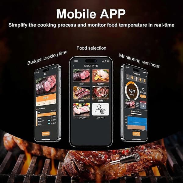 Smart kødtermometer Trådløst kødtermometer Bluetooth-kompatibelt grilltermometer Kompatibel ryger Rotisserie