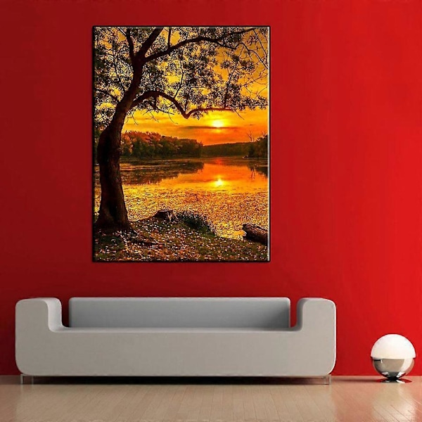Solnedgang Landskap og Elvebredde Tre Diamantmaleri Full Drill Lerret Diamantbroderi Hjemmeinnredning Moderne 30x40 cm (12X16 tommer)
