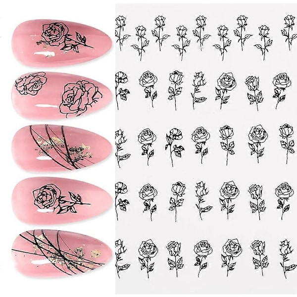 Blomster Negledekaler, 3D Selvklebende Svart Hvit Rose Negleklistremerker Fransk Hul Blomst Neglekunst Design Manikyr DIY Neglepynt (6 Ark)