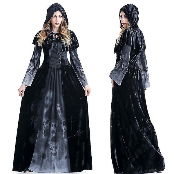 Halloween Karneval Kranieprint Lang Kjole Heks Dronning Kostume Kostume Høj Kvalitet XL