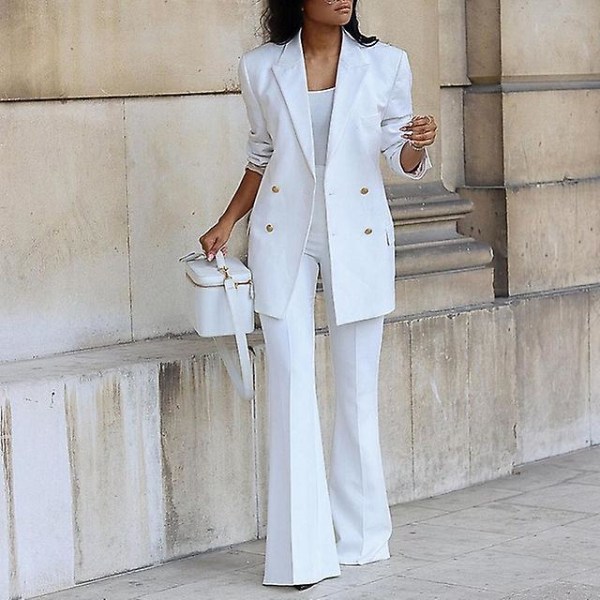 Naisten Solid Blazer Set Syksyinen Casual Office Lady Blazers Takki Leveälahkeiset housut Business Blazer Suit Korkea vyötärö bleiseripuku White M