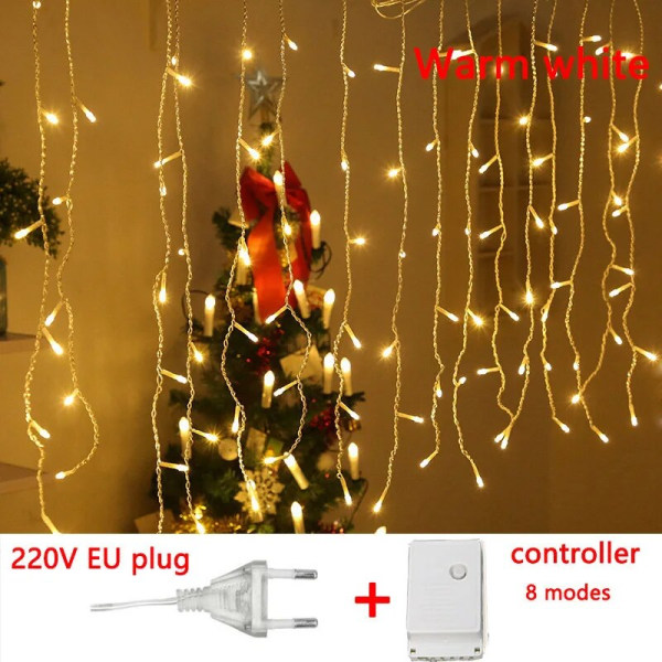 4-20M Gardin Istappar LED Strängljus Bröllopsfest Lampa Semesterbelysning Juldekoration för hemmet takfot Street Dekoration 12X0.6M 300Leds EU plug Warm