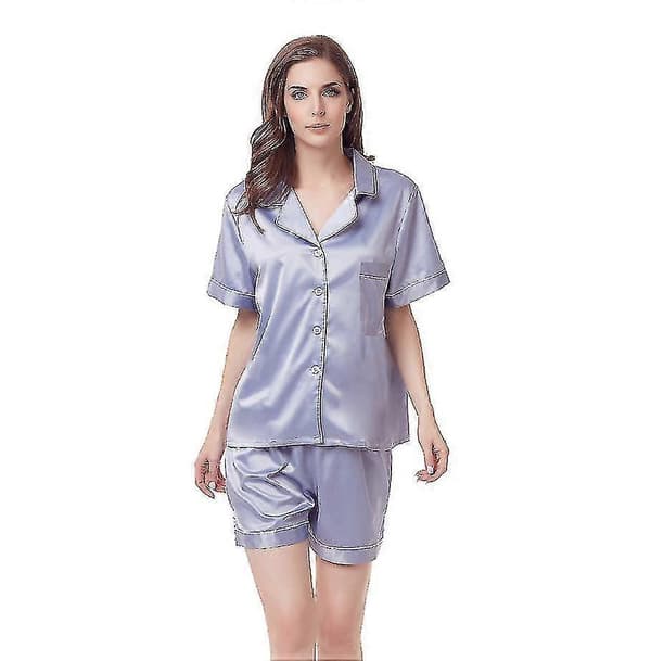 Satin Pyjamas Dam Kortärmad Sovkläder Gray blue S