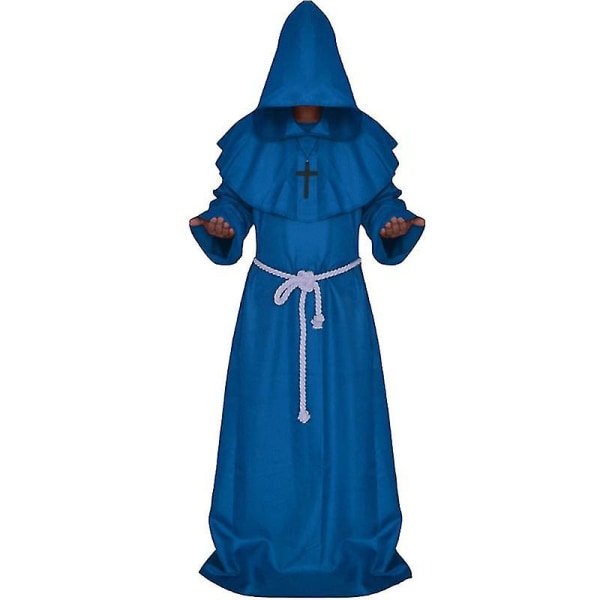 Vuxen munk Hooded Robe Kappa Cape Friar Medeltida präst Cosplay kostym Blue L