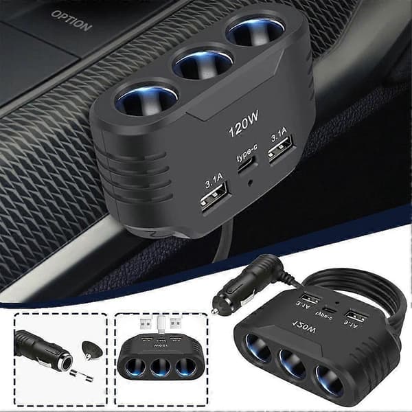 3-i-1 Bil Cigarettænder Stik Splitter Strømadapter Oplader USB Dobbelt D2T2