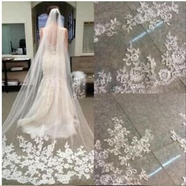 Brudeslør Katedral Bryllup Blush Slør 1 Lag Lang Blonde/Brude Elfenben Bryllupsslør Tilpasset Ivory 300cm