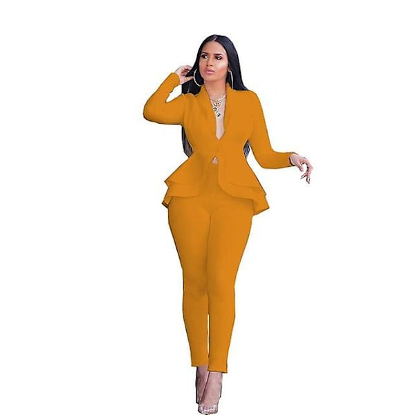 Dam Set Träningsdräkt Långärmad Volang Kavajer Byxor Kostym Tvådelat Set Kontorsdam Affärskläder Uniform Yellow XXL