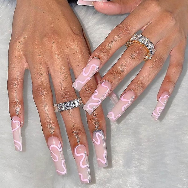 Franske luksus falske negler ekstra lange akryl falske negler med lim klistremerke Prom Kvinner negler falske negler - Tips, 24 stk sortiment White Swirls