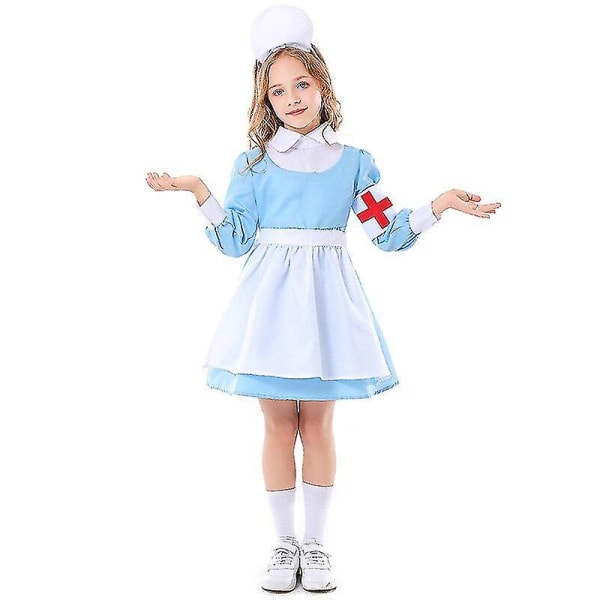 Jenter Blå liten sykepleierkostymer Barn Halloween Purim Karneval Rollelek Mardi Gras Fancy Dress S-height 100-115cm