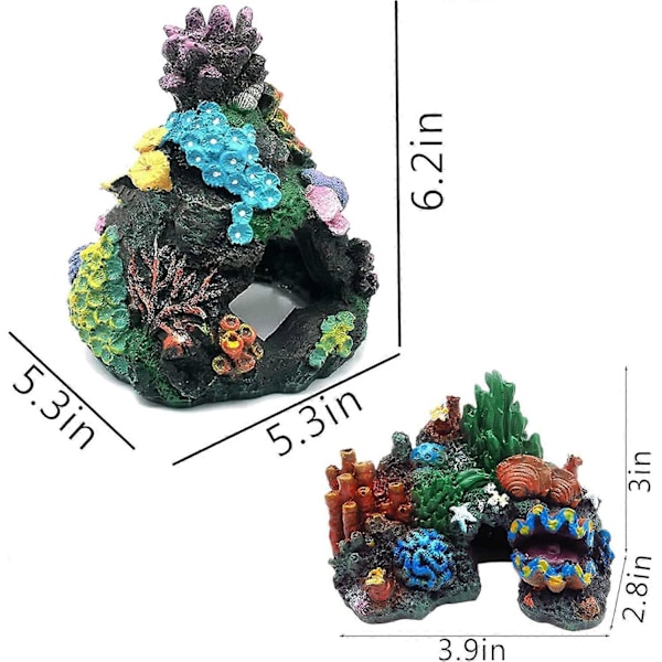 Akvarium Korall Dekor Harpiks Fisk Tank Gjemmested Fjellhule Betta Fisk Gjemmested Stein Korallrev Ornament, 2 Pakning