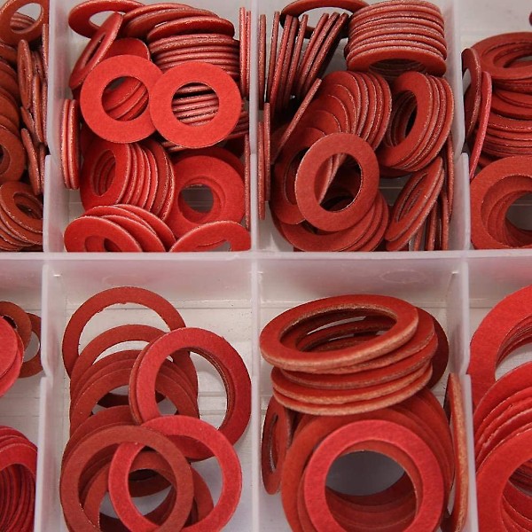Fiber Skiver Sortiment, 600 stk. 12 Størrelser Assorterede Røde Stål Papir Isolationsskiver med Opbevaringsboks