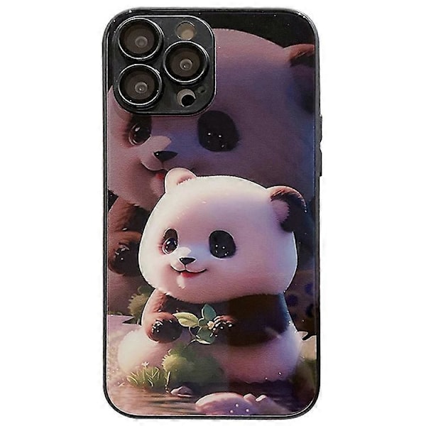 Kompatibelt för iPhone 13 Pro Sött Panda Mönster Tryck Härdat Glas+TPU Telefonfodral med Linsskydd Black