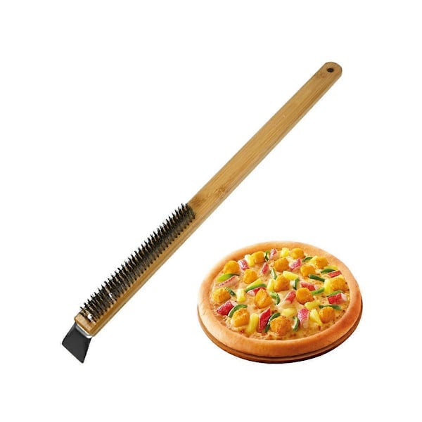Pizzabørste Skrape Trehåndtak Rustfritt Stål Børstehår Bærbar Grillrensebørste for Utendørs
