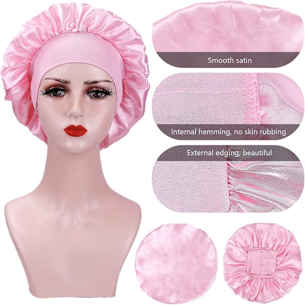 2 X Dame Satinhatte, Aftenhår Silkehat, Elastisk Satinhat, Makeup Silkehat (sort+pink)