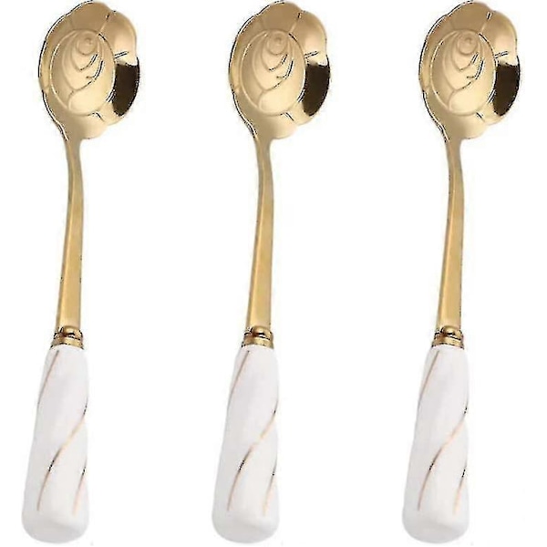 Kaffeskje i rustfritt stål med keramisk håndtak for iste og sukkerkonfektkake (hvit gull) (3 stk)