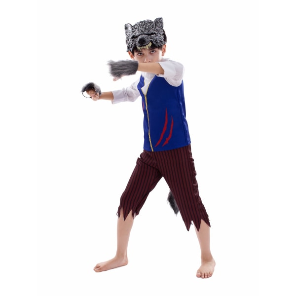 Børne Varulv Halloween Kostume Ulvekostume Sæt Med Varulvemaske Børne Dyre Udklædning Drenge Ulvemand Kostume XL (135cm-145cm)