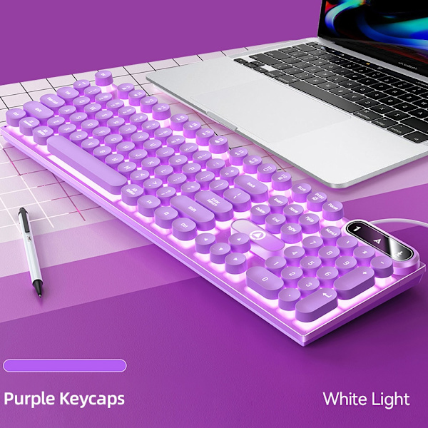 Retro Punk Rund Keycap Gaming Tangentbord Kabelanslutet RGB Bakgrundsbelyst tangentbord USB Bakgrundsbelyst Tangentbord med 104 tangenter purple