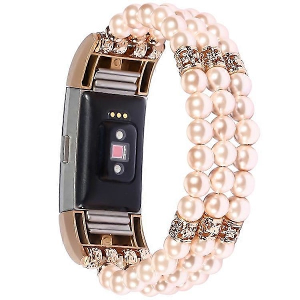 Kompatibel för Fitbit Charge 3/4 Tre Rader Stilfullt Pärlarmband Ersättningsarmband PinkGold