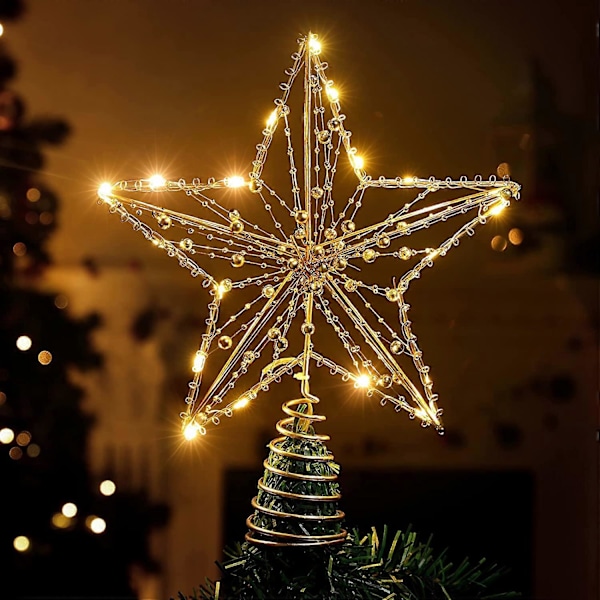 Stjerne Metall Juletre, Pentagramformet Lampe med Spiralbase Perlebesatte Lyslenker, Juledekorasjon Hjem Innendørs Stue Soverom, Batteridrevet