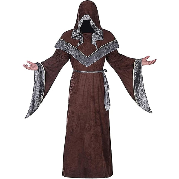 Mystic Sorcerer Robe Halloween Cosplay Kostymer För Män, Vuxen Medeltida Retro Uniform Vintage Renaissance Kläder Med Hooded Cape, Manlig Präst Outfit Black M