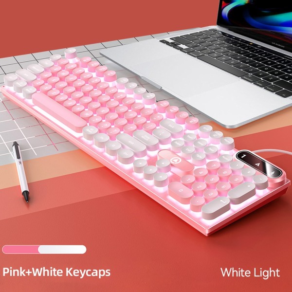 Retro Punk Rund Keycap Gaming Tangentbord Kabelanslutet RGB Bakgrundsbelyst tangentbord USB Bakgrundsbelyst Tangentbord med 104 tangenter pink white