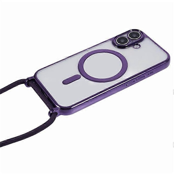 Kompatibelt skal för iPhone 16, kompatibelt med MagSafe, elektropläterad TPU-mobilskydd med långt snöre Purple