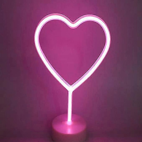 Hjärta Rosa LED Neonljusskyltar Nattlampa Konst Dekorativt Ställ Bas Bordslampa för Hem Barn Bröllop Jul Födelsedagsfest, USB eller Batteridriven