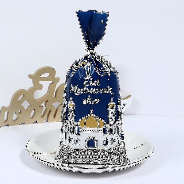 100 stk. Eid Mubarak Gaveposer, Blå Gull Ramadan-tema Trykte Eid Mubarak Festgodteposer med Twist Ties
