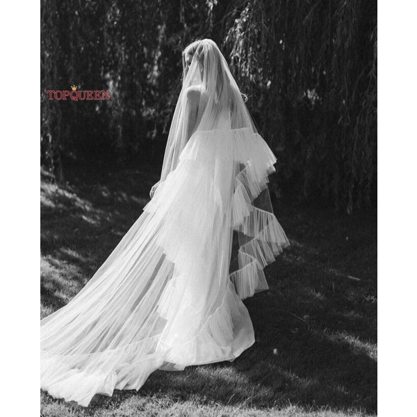 Rufsig droppbröllopsklänning med rodnad Elegant elfenben Rufsig tyllslöja Boho lång brudslöja Ivory 350cm