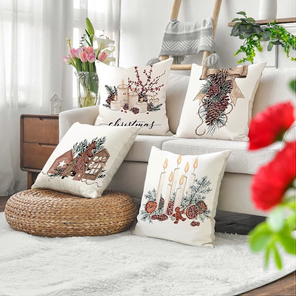 Motesett med 4 Juleputetrekk - Kongle Lysestake Mønster - 45 x 45 cm - Vinterdekorasjon for Sofa, Stue