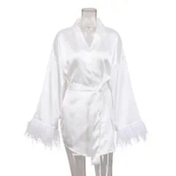 Fjäder Morgonrock Satin Sexig Miniklänning Kvinnor Vit Bröllopsklänning Svart Brudklänning WHite S