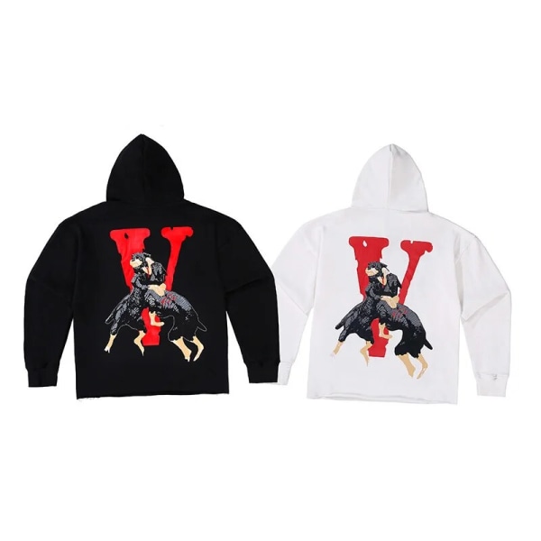 2023 Europæisk og amerikansk trendy mærke VLONE trendy hundekampe stort V print oversize hip-hop trendy hættetrøje Black M