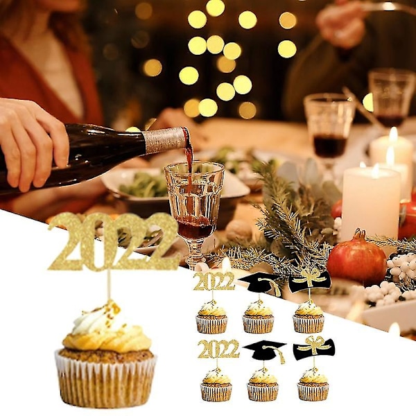 12 stk./sett 2022 Vakker Trencher Cap Form Kake Topper Gradueringsstil Dekorativt Papir Kake Topper For Fest Q