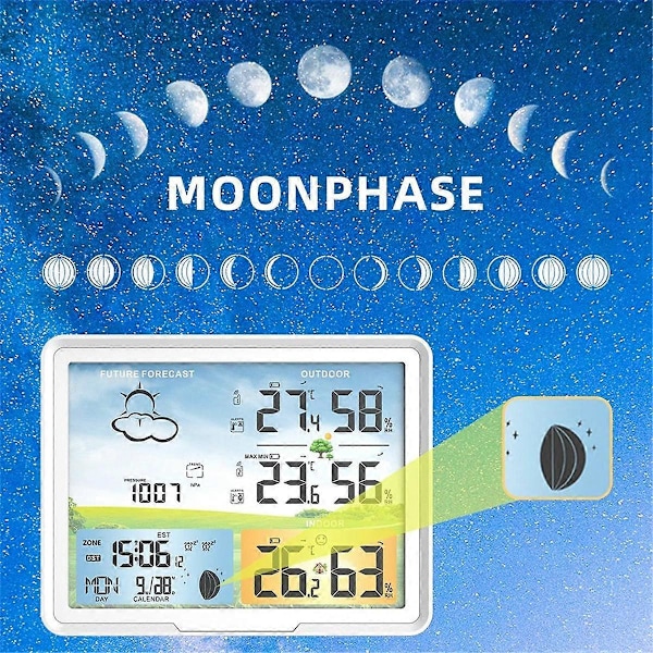 Väderstation Klockor Trådlös Digital Termometer Hygrometer Prognos Kalendrar Månfas Snooze