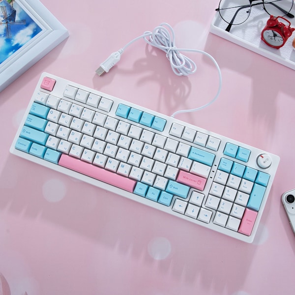 Gaming Mekanisk Tastatur Russisk LED Bakgrunnsbelyst 96 Taster Kablet Knapp Bærbar Mekanisk Tastatur for Bærbar Datamaskin PC Gamer White English
