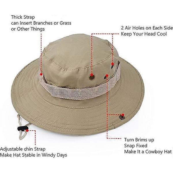 Bredbrättad Solhatt för Utomhusbruk, Klassisk Djungel Combat Armé Stil Solhatt för Fiske, Jakt, Camping - Beige Färg