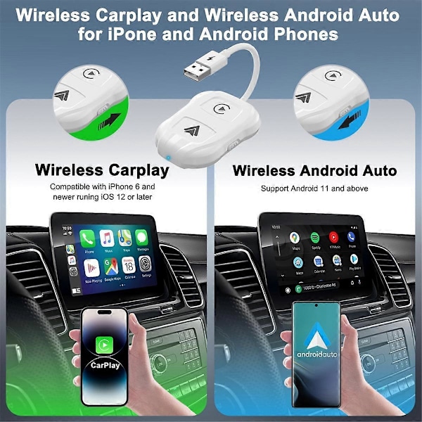 Trådlös Carplay Android Auto Adapter, Plug & Play Dongel, för alla bilar med trådbunden CarPlay IOS 10+ Androi