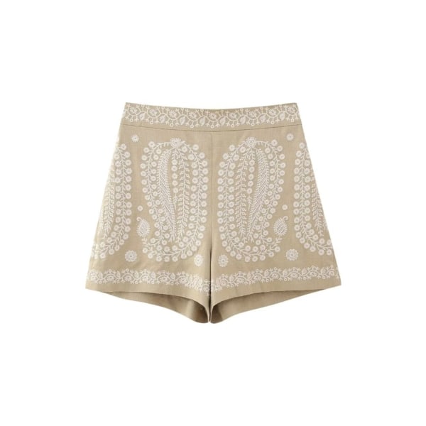 Nya Mode Broderi Damshorts Sommar Dragkedja Sida Casual Hög Midja Kvinnliga Shorts Byxor Y5K Khaki L